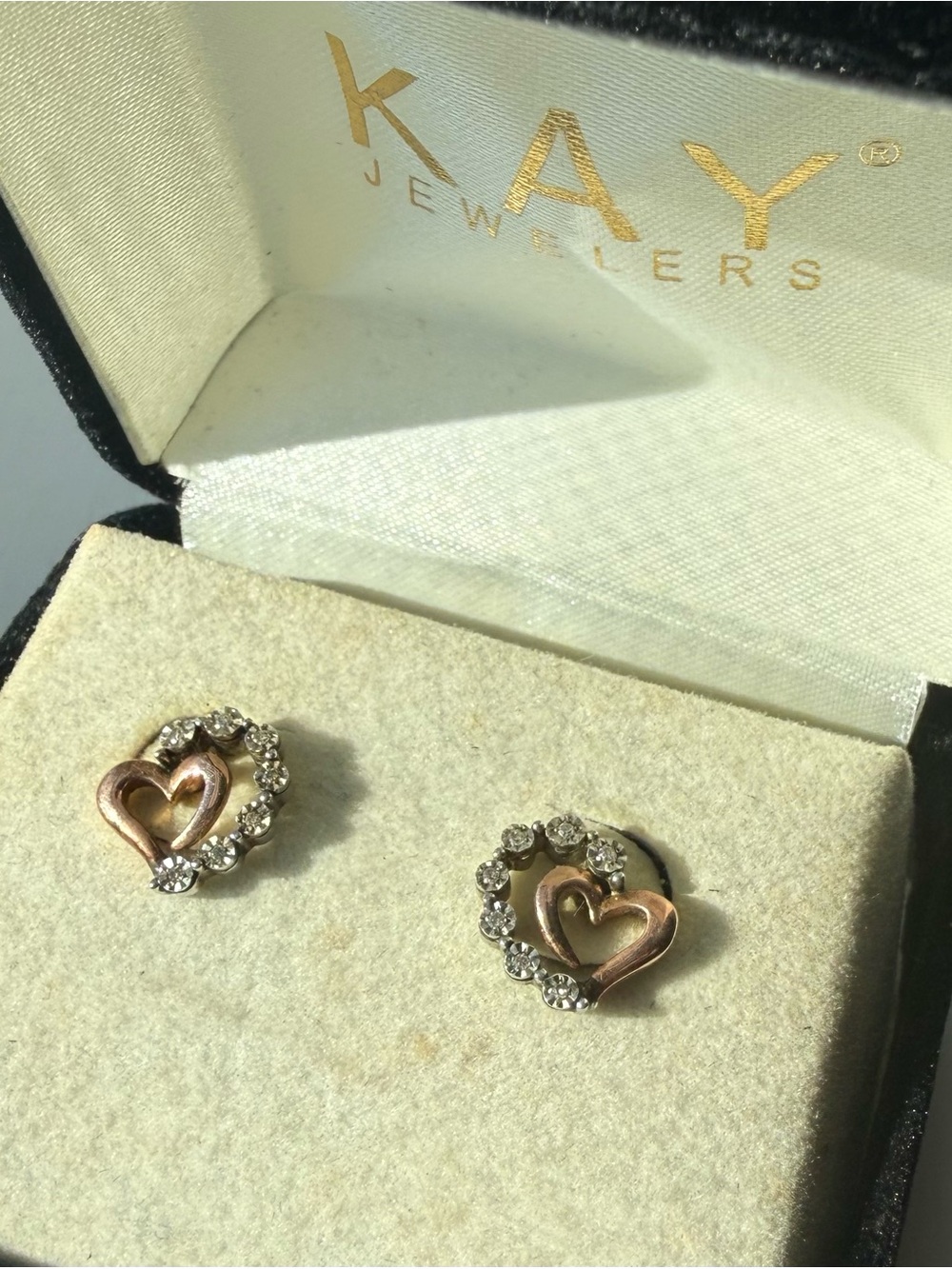 10k Rose Gold, Diamond, and Sterling heart earrings
